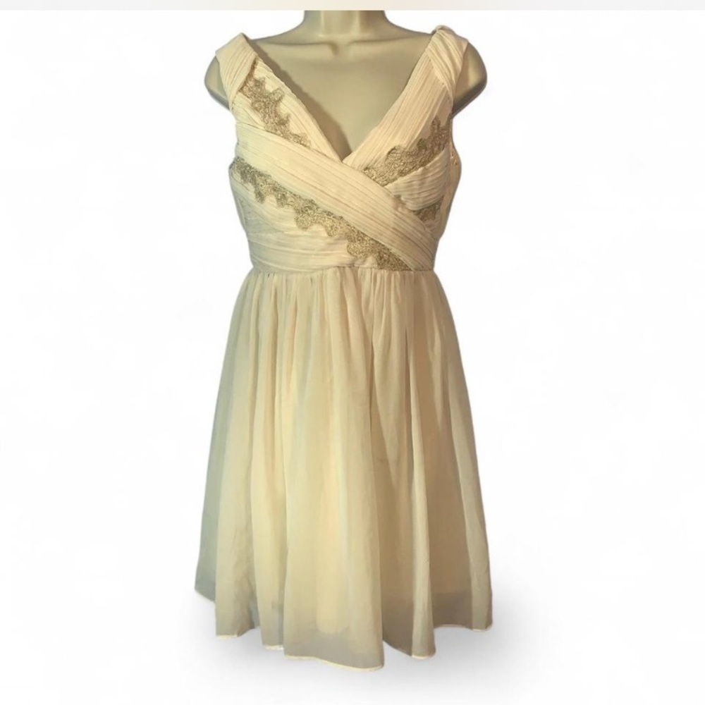 Minuet Elegant Cream Sleeveless gathered wrap mini chiffon and gold lace Dress S